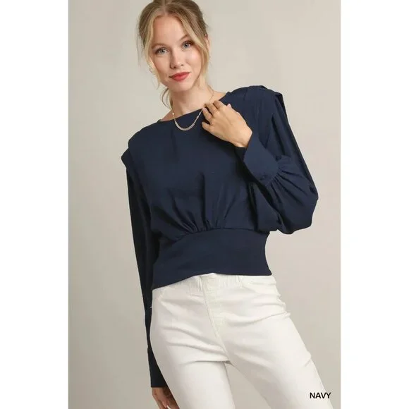 NWT Umgee Navy Solid Defined Shoulder Crepe Blouse~Long Sleeve - Picture 6 of 10